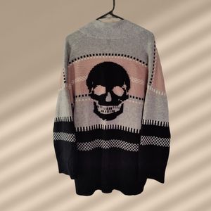Skull Cashmere Pink  Open Front SKULL Print  Back 100% CASHMERE Cardigan MEDIUM